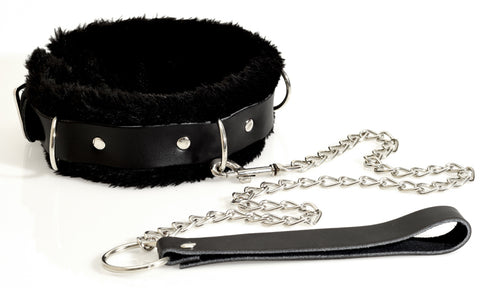 Choker Collar Leather Faux Fur Lined with leash - Costume Accessory