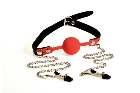 Ball Gag Silicone with Chained Nipple Clamps and adjustable pressure Red by H'NH