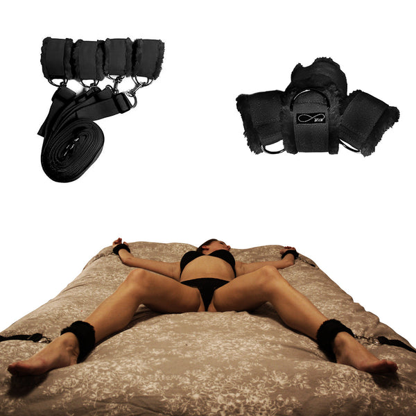Bed Restraints for Sex with Adjustable Straps for Bondage and BDSM (Furry) - Black